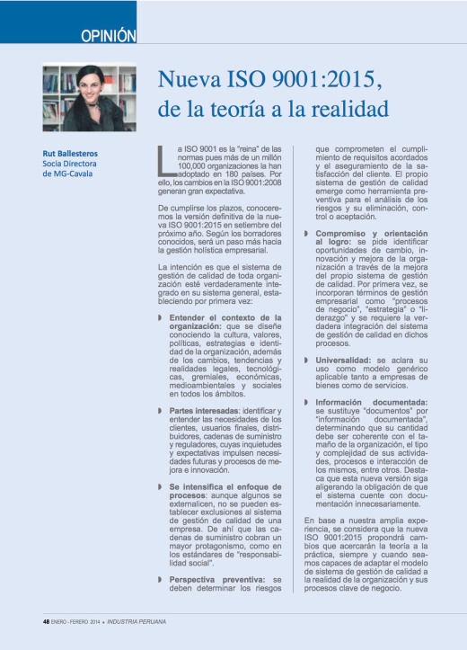 “Nueva ISO 9001:2015, de la teoría a la realidad”, en “Industria Peruana” N° 888  (Enero – Febrero 2014)